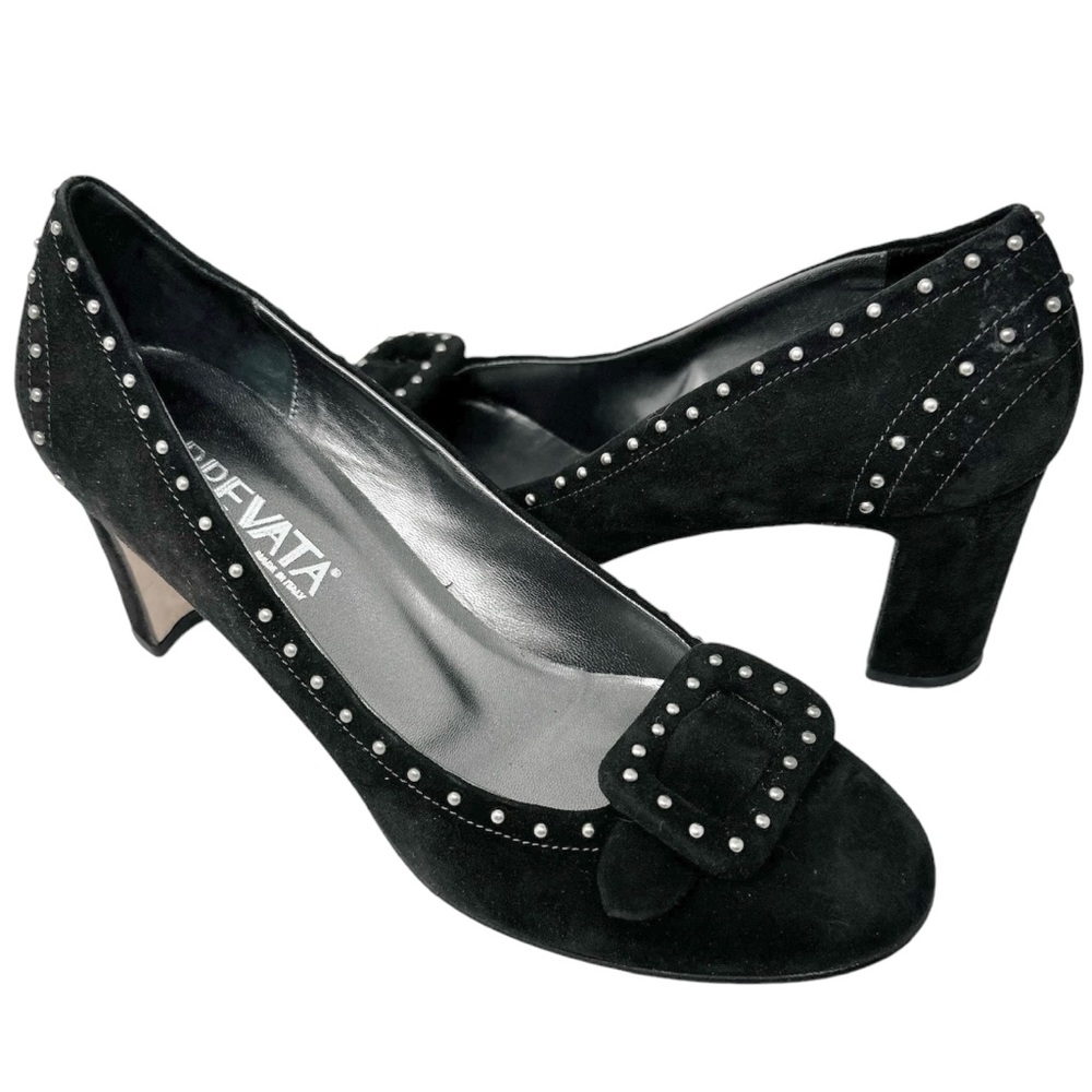Prevata Italy Black Suede Studded Buckle Stacked Heel Pumps 9 AA Narrow
